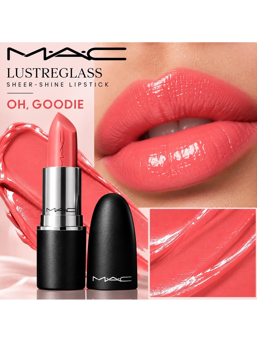 MAC Lustreglass Sheer-Shine Lipstick in “Oh, Goodie” (Coral Pink)• New in Box